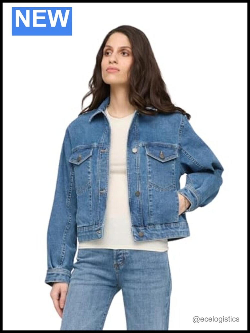 Women's Midweight Stretch Denim Pleated Jean Jacket Boxy Cropped Casual